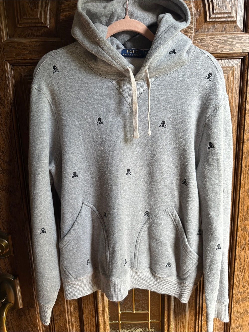 Polo Ralph Lauren Light Gray Hoodie with Black Skull Embroidery Size M